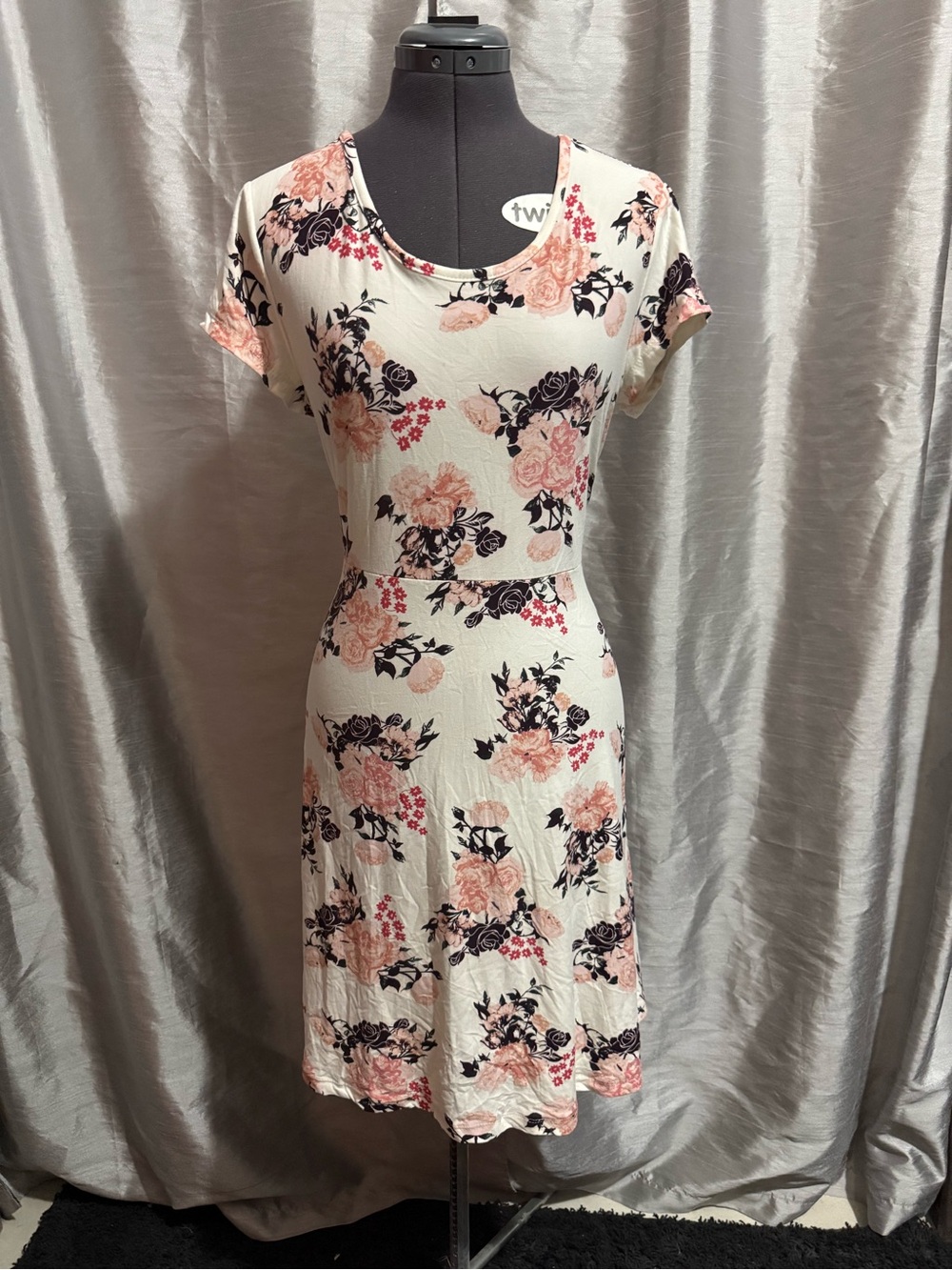 Bobbie Brooks Cream Midi Dress with Pink and Black Floral Print
